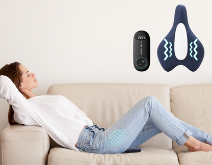Woman lying on a couch with a digital device and saddle-shaped object displayed above her.