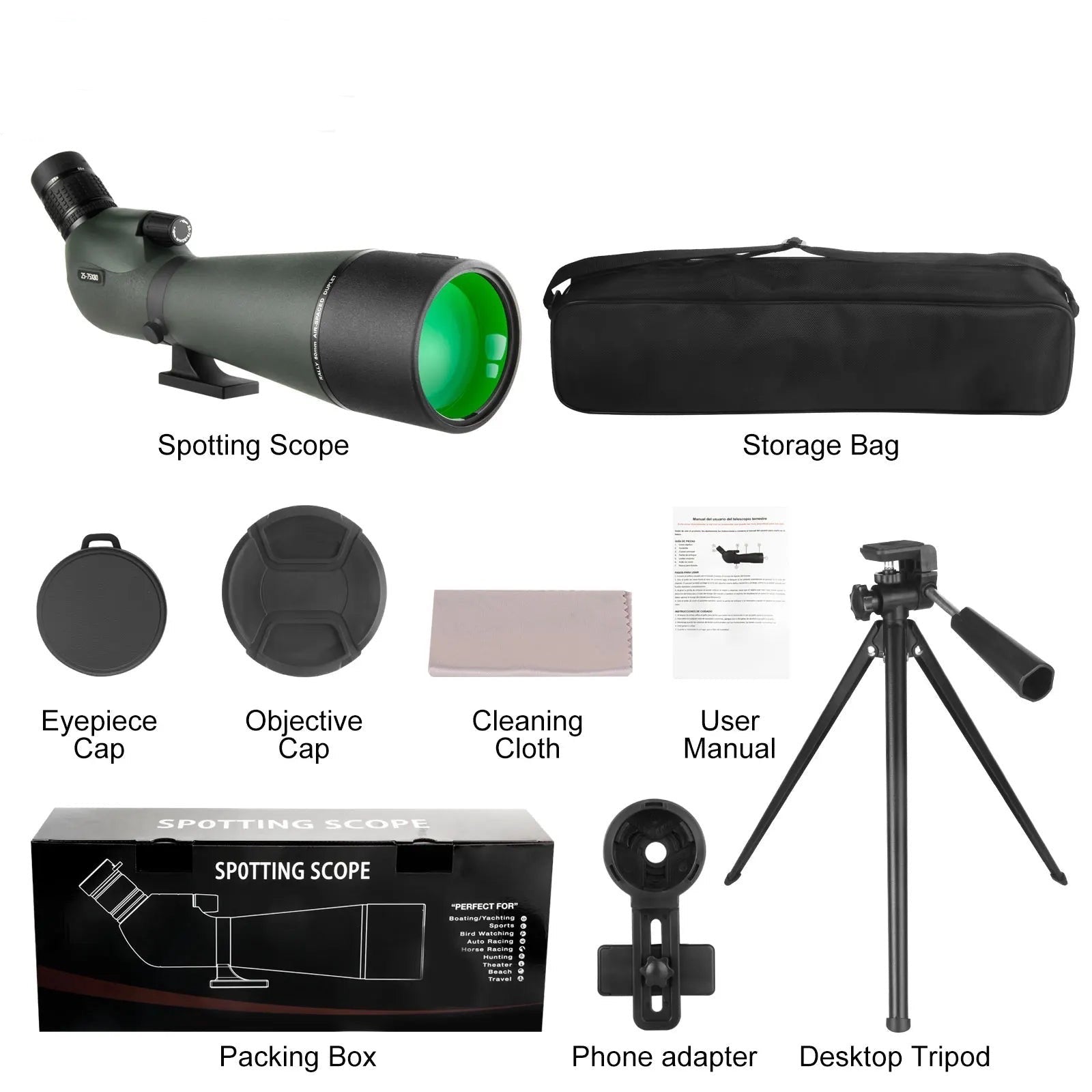 Sonora Spotting Scope with accessories including a storage bag, eyepiece cap, objective cap, cleaning cloth, user manual, packing box, phone adapter, and desktop tripod on a white background.