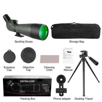 Sonora Spotting Scope with accessories including a storage bag, eyepiece cap, objective cap, cleaning cloth, user manual, packing box, phone adapter, and desktop tripod on a white background.