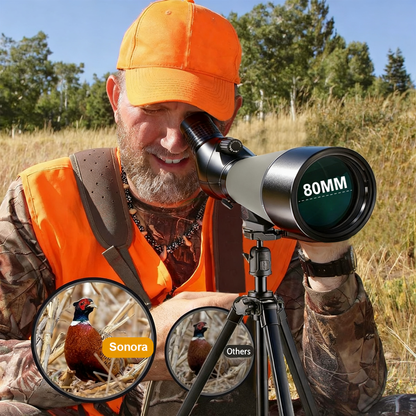 Man in hunting gear using a 80mm telescope in a field with Sonora Spotting Scope