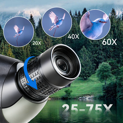 Sonora Spotting Scope with magnification options over a scenic background of trees and mountains.