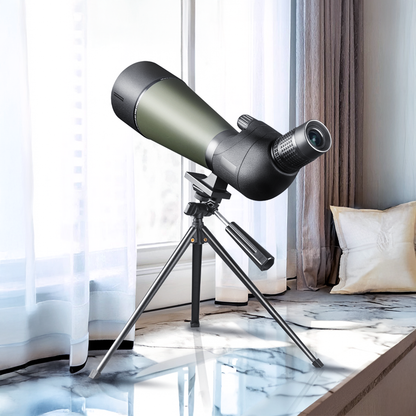 Sonora Spotting Scope on a stand in a room with curtains and a couch.