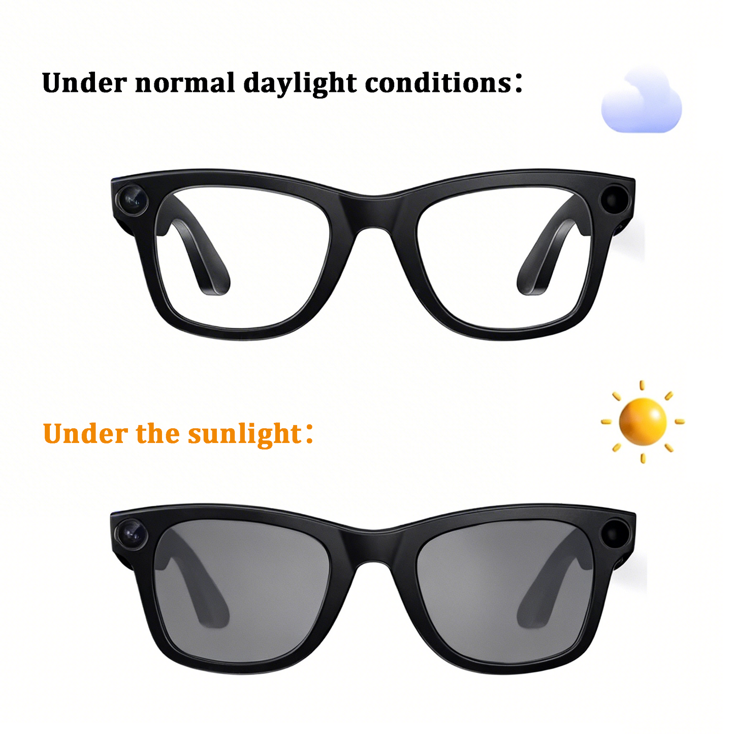 Black glasses shown under normal daylight conditions and in sunlight.
