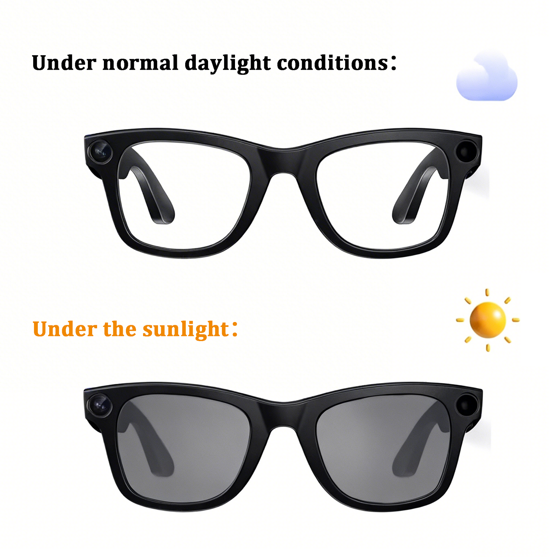 Black glasses shown under normal daylight conditions and in sunlight.