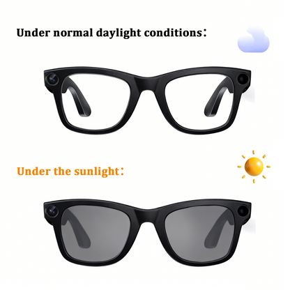 Black glasses shown under normal daylight conditions and in sunlight.