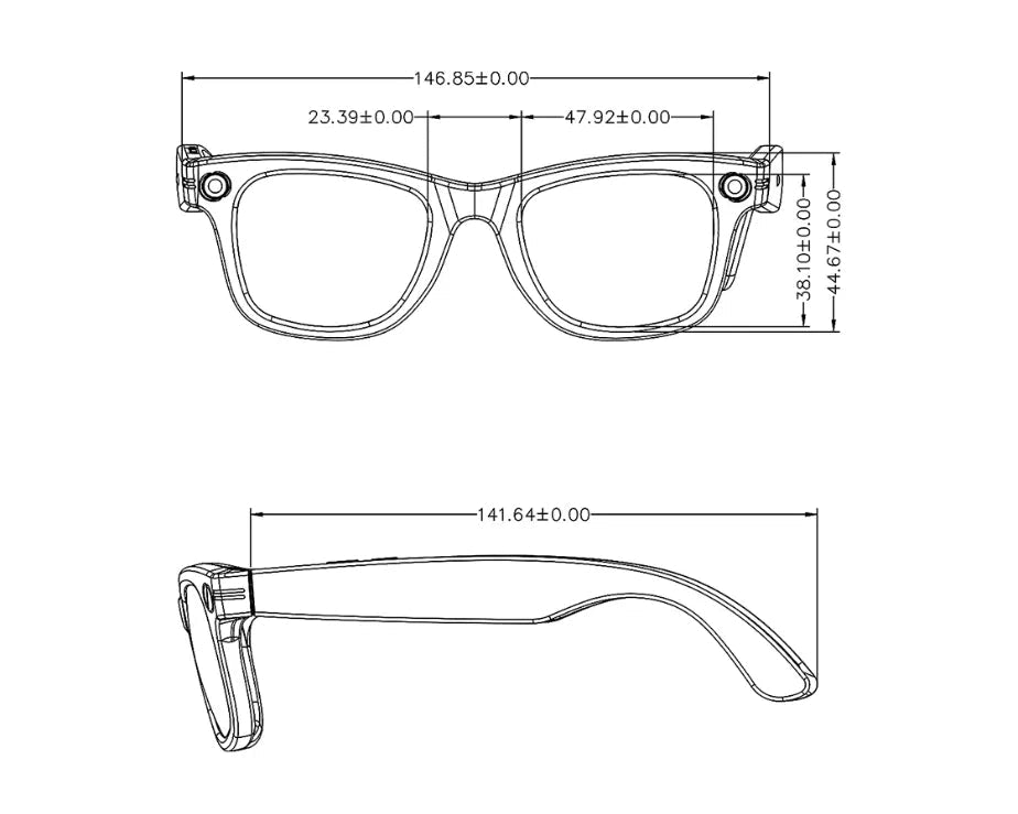 Technical drawing of a pair of Sonovax Smart Glasses with dimensions on a white background