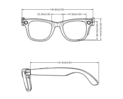 Technical drawing of a pair of Sonovax Smart Glasses with dimensions on a white background