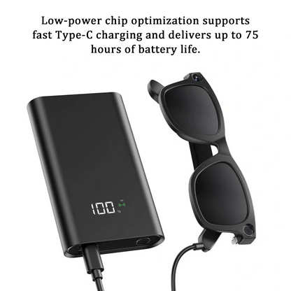 Black power bank with digital display and sunglasses on a white background