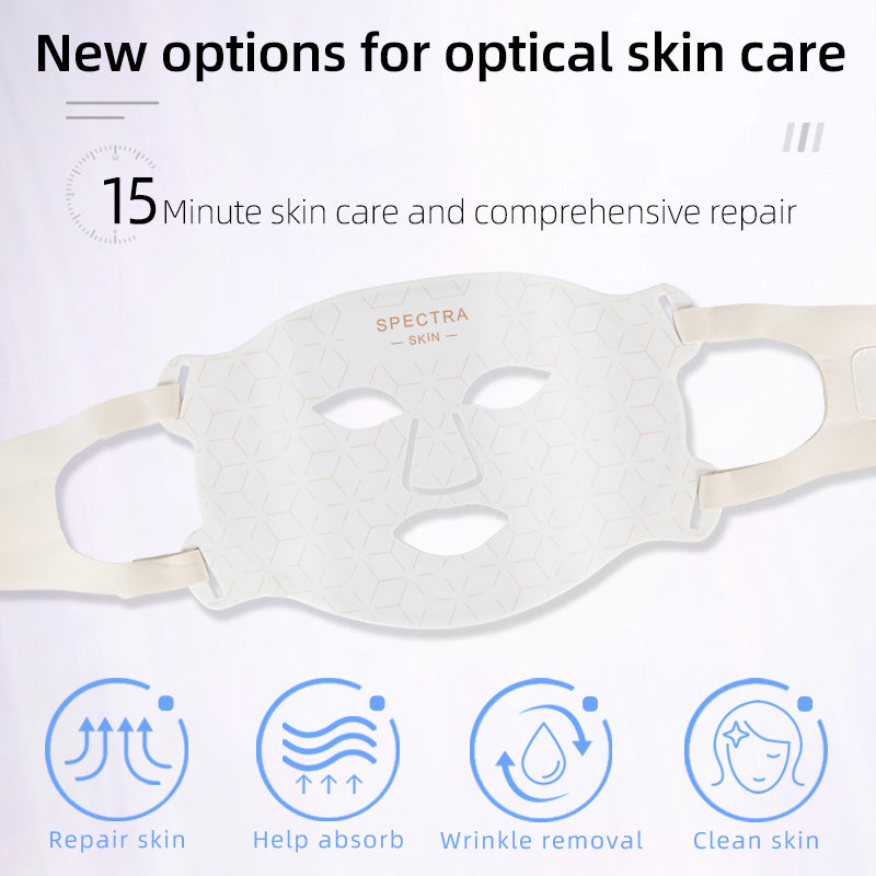 SpectraSkin LED Mask with text about optical skin care on a white background