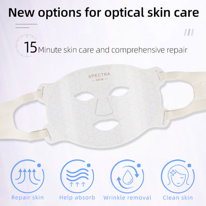 SpectraSkin LED Mask with text about optical skin care on a white background