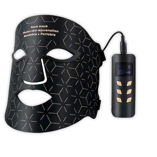 Black Stonnic LED Mask with geometric pattern and portable device on a white background