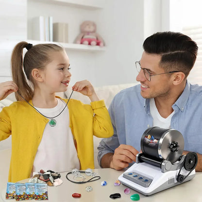 Man and young girl crafting with a jewelry-Stonnic Professional Stone Polishing Kit in a bright room.