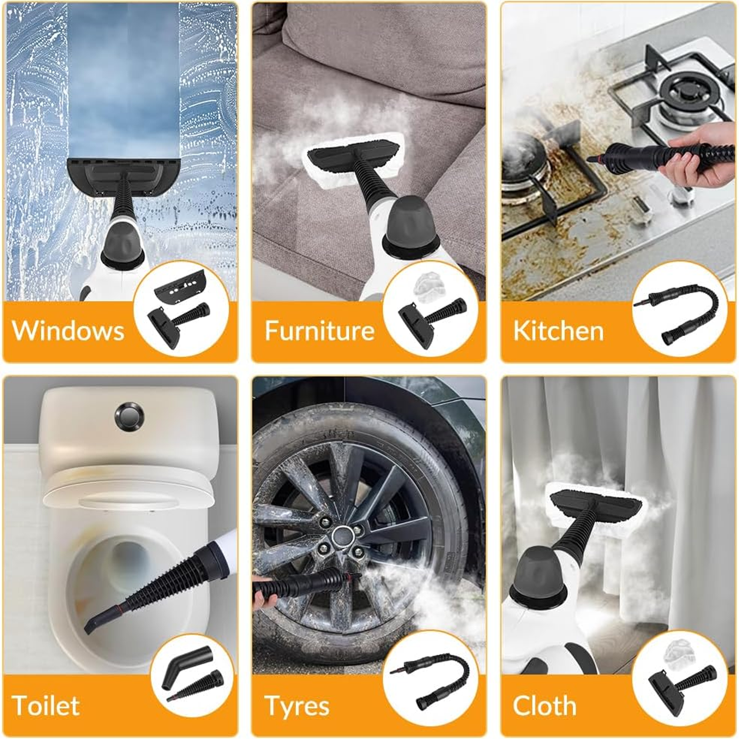 Multifunctional Stonnic Steam Cleaner tool used on various surfaces including windows, furniture, kitchen, toilet, tyres, and cloth.
