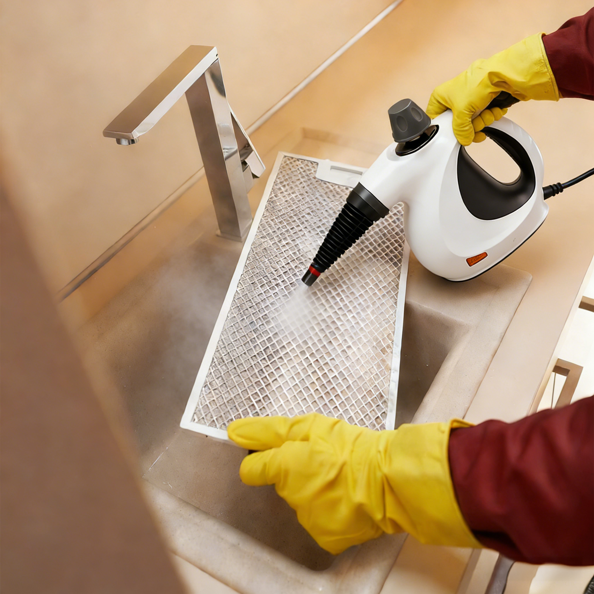 Person Stonnic Steam Cleaner a kitchen filter with a steam cleaner and yellow gloves.