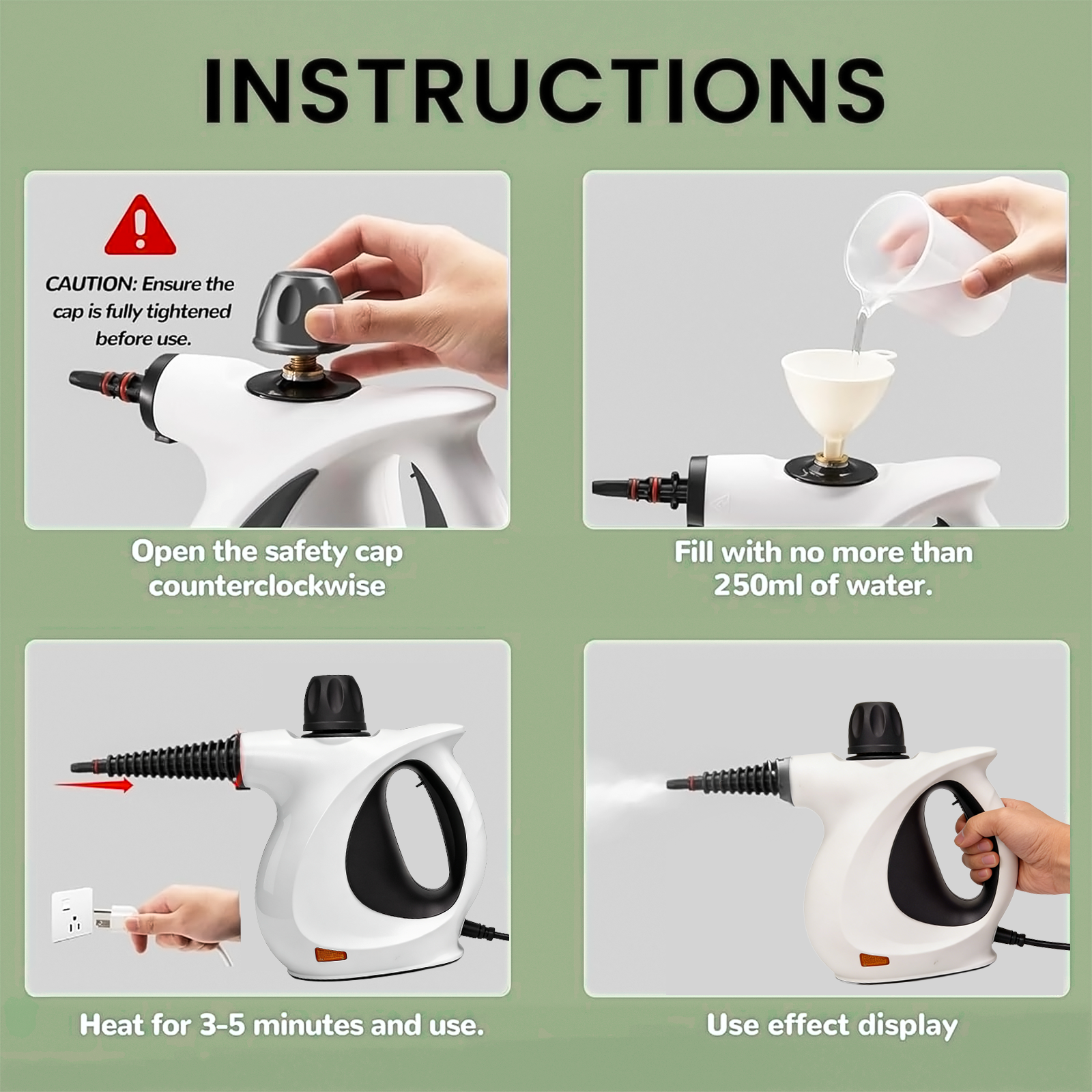 Instructions for using a Stonnic Steam Cleaner with safety precautions and usage steps.