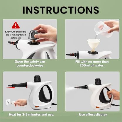 Instructions for using a Stonnic Steam Cleaner with safety precautions and usage steps.