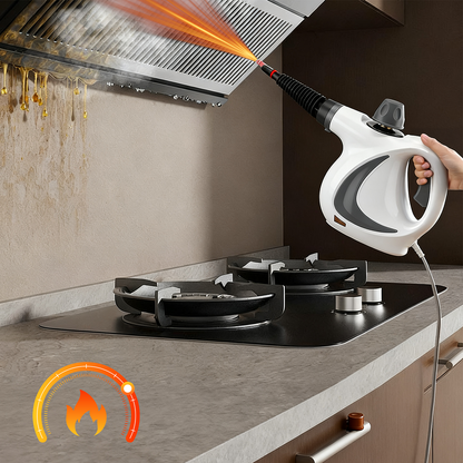 Person using a Stonnic Steam Cleaner on a kitchen stove with a flame icon.