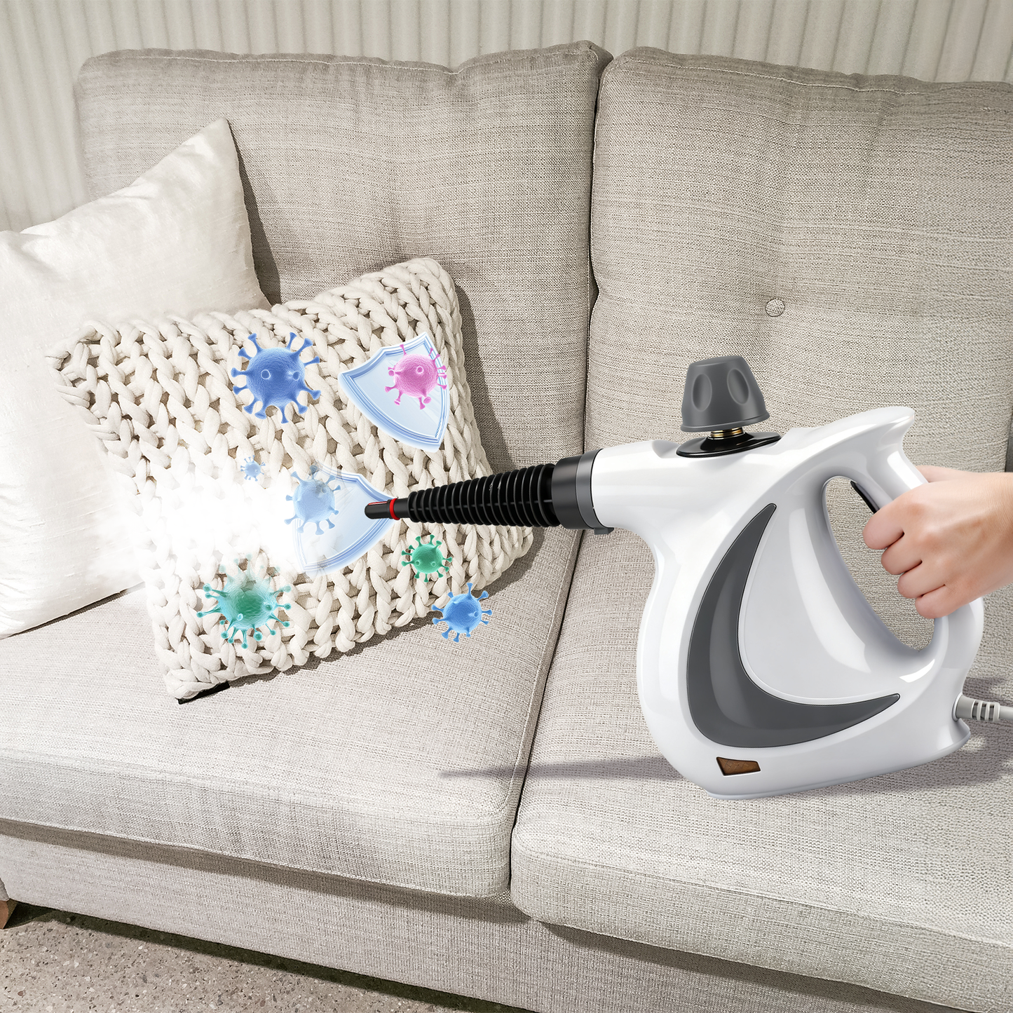 Person using a Stonnic Steam Cleaner on a pillow on a couch