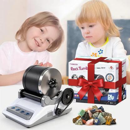 Two children with a Stonnic Professional Stone Polishing  and a box labeled 'Stonnic Professional Stone Polishing Kit' on a white background