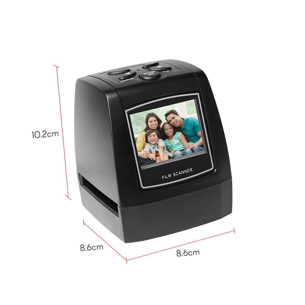 Black Tayvos Digital Film & Slide Scanner with a display showing a family photo, dimensions indicated on a white background.