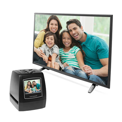 Digital photo frame displaying a family photo with a Tayvos Digital Film & Slide Scanner below on a white background