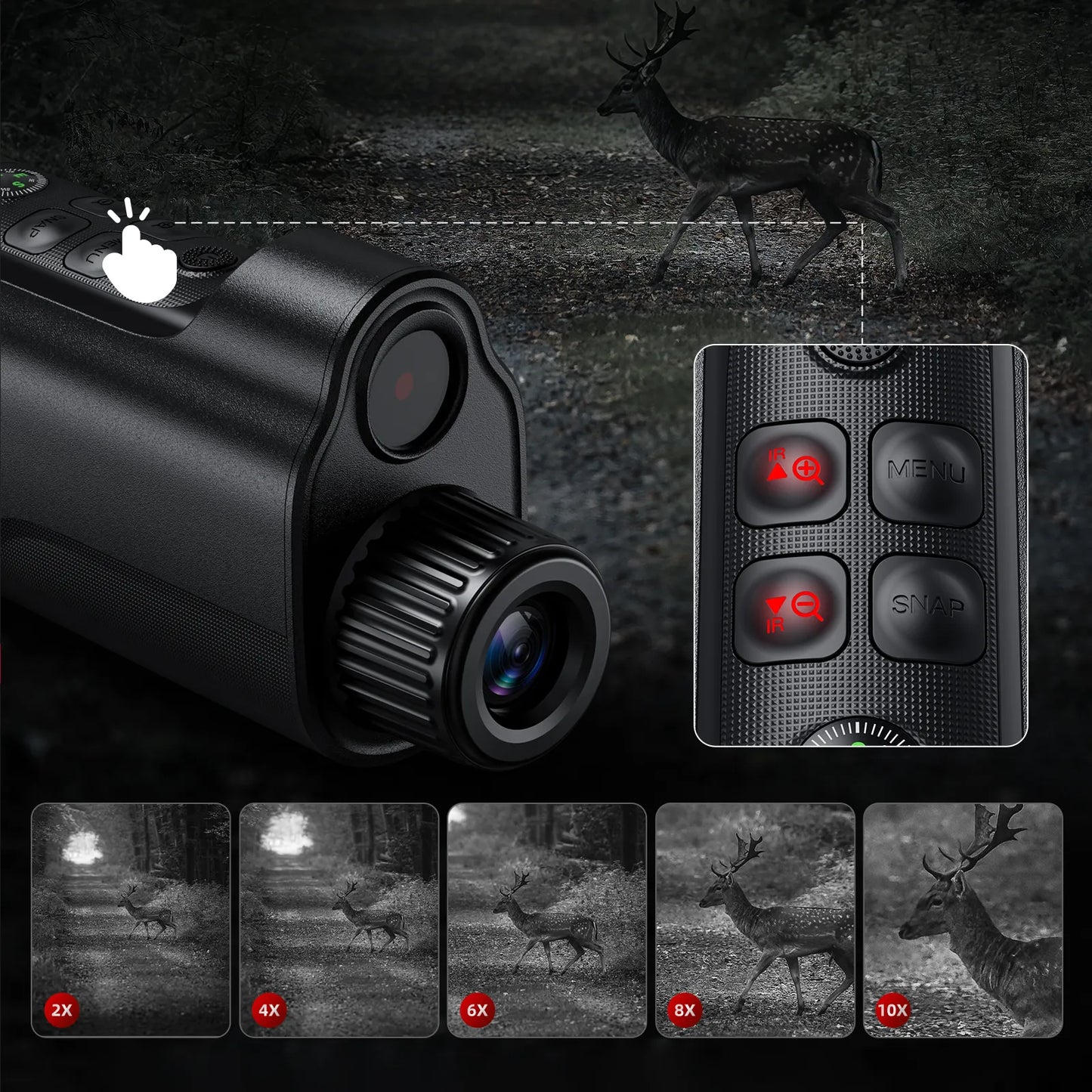 Black Tayvos HD Night Vision Monocular with remote control and deer images on a dark background