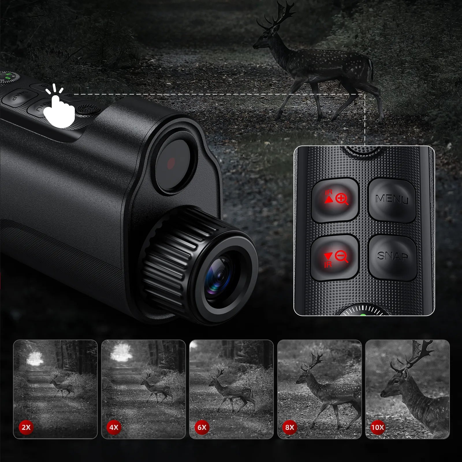 Black Tayvos HD Night Vision Monocular with remote control and deer images on a dark background