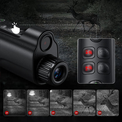 Black Tayvos HD Night Vision Monocular with remote control and deer images on a dark background