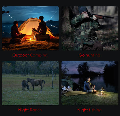 Collage of four outdoor activities: camping, hunting, ranching, and fishing at night.