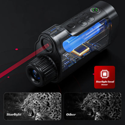Tayvos HD Night Vision Monocular with starlight level sensor technology and images of a leopard in black and white.