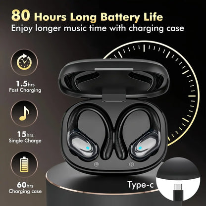 Black Tekarvo Wireless Sports Earbuds in an open charging case on a dark background, with promotional text highlighting 80 hours battery life, fast charging, single charge, and Type-C charging. A circular inset shows the charging connector.