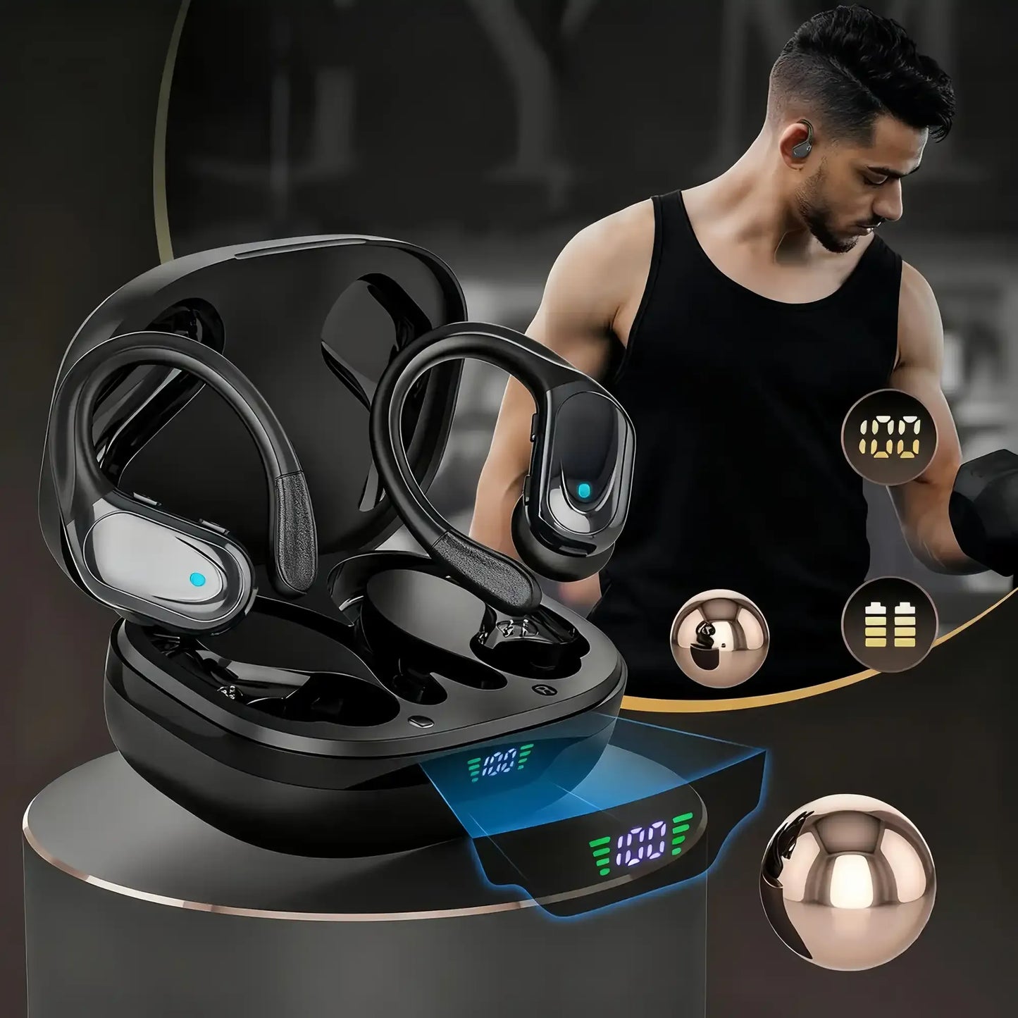 Black Tekarvo Wireless Sports Earbuds with a charging case displayed in front of a blurred gym scene featuring a man, with digital battery icons and reflective finish highlights overlaid.