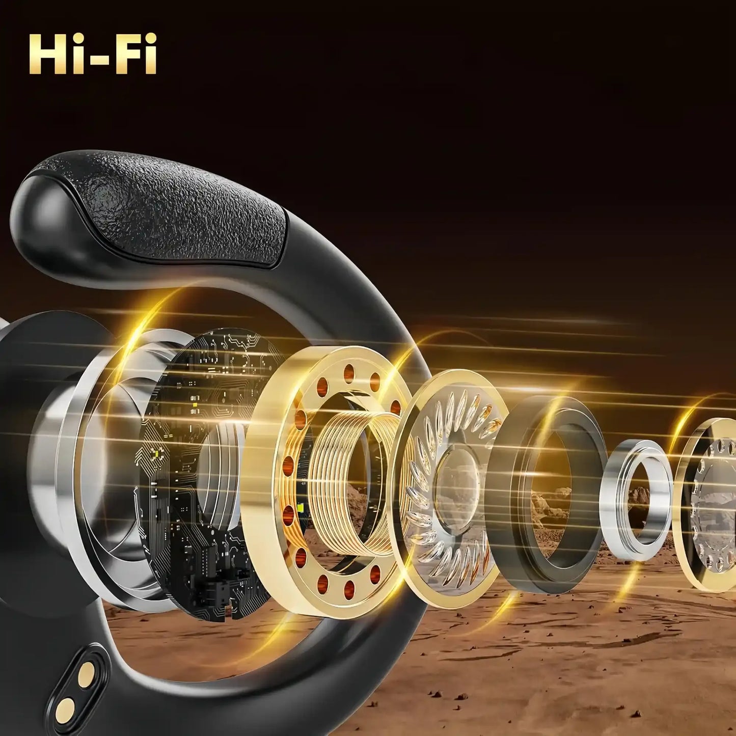 A close-up of a black over-ear Tekarvo Wireless Sports Earbuds with a dramatic exploded view of its internal components floating outwards, set against a dark brown background with golden light effects. The text 'Hi-Fi' is displayed in the top left corner.