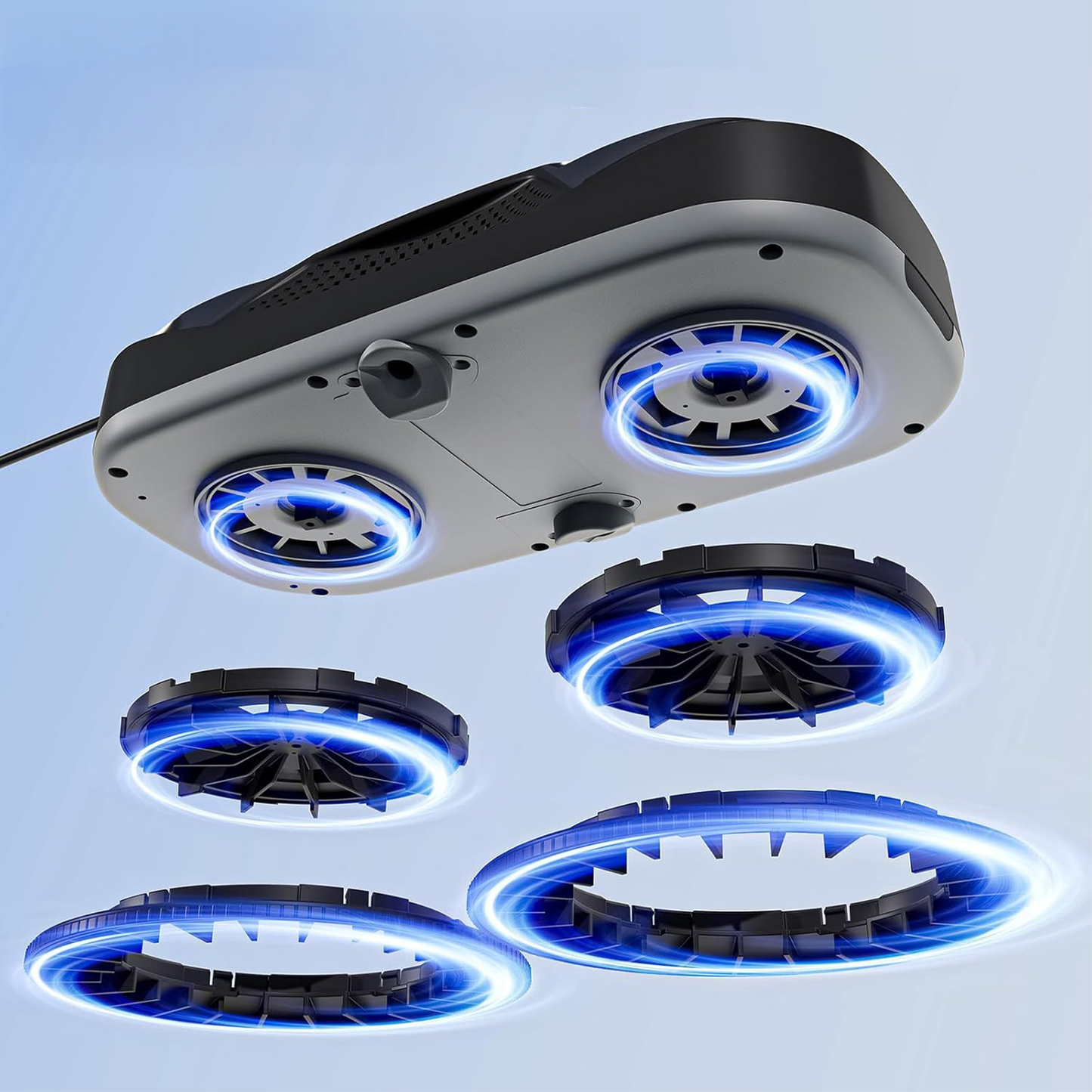 Ceiling-mounted Valisus Window Cleaning Robot with blue LED lights on a light blue background