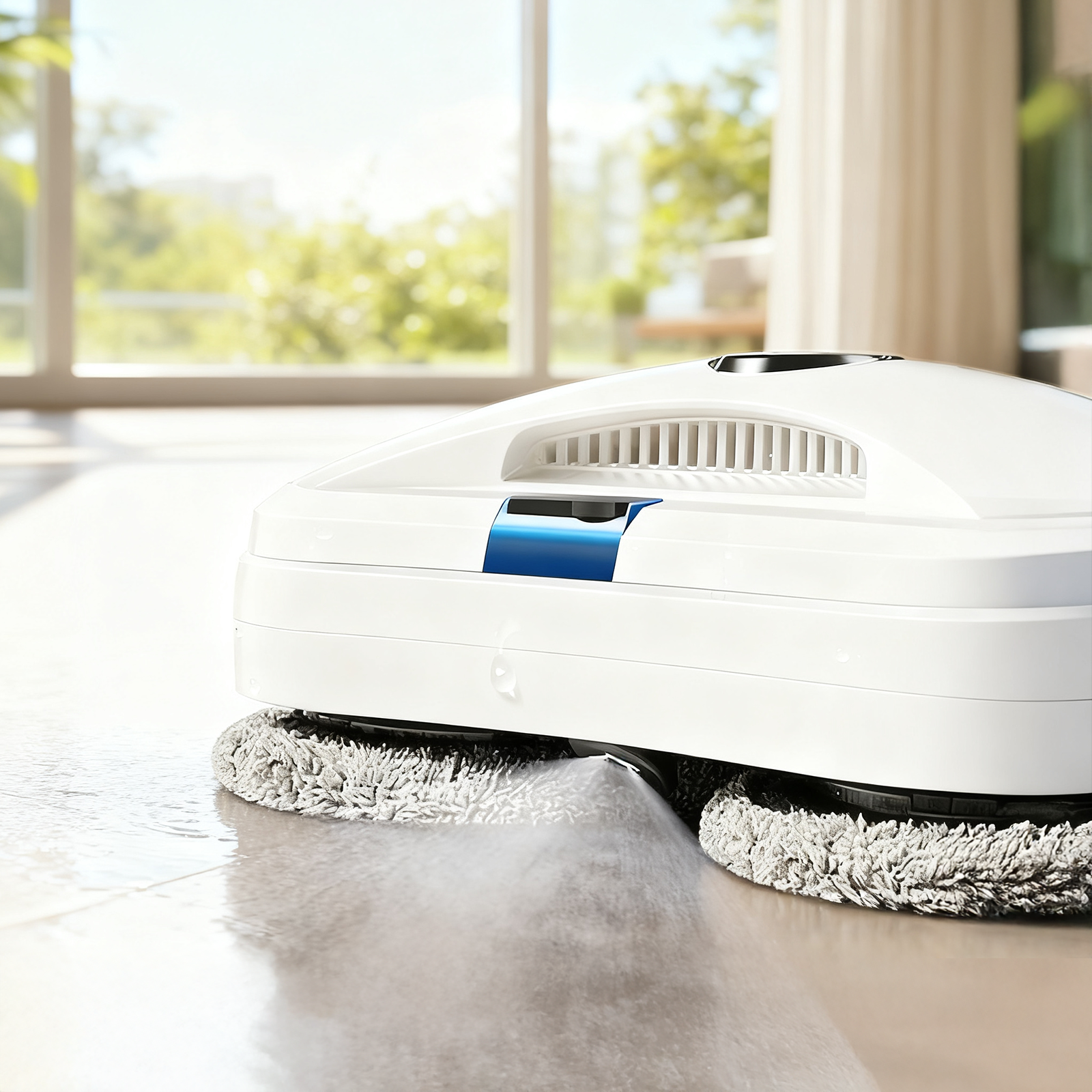 Valisus Window Cleaning Robot floor in a bright room with large windows.