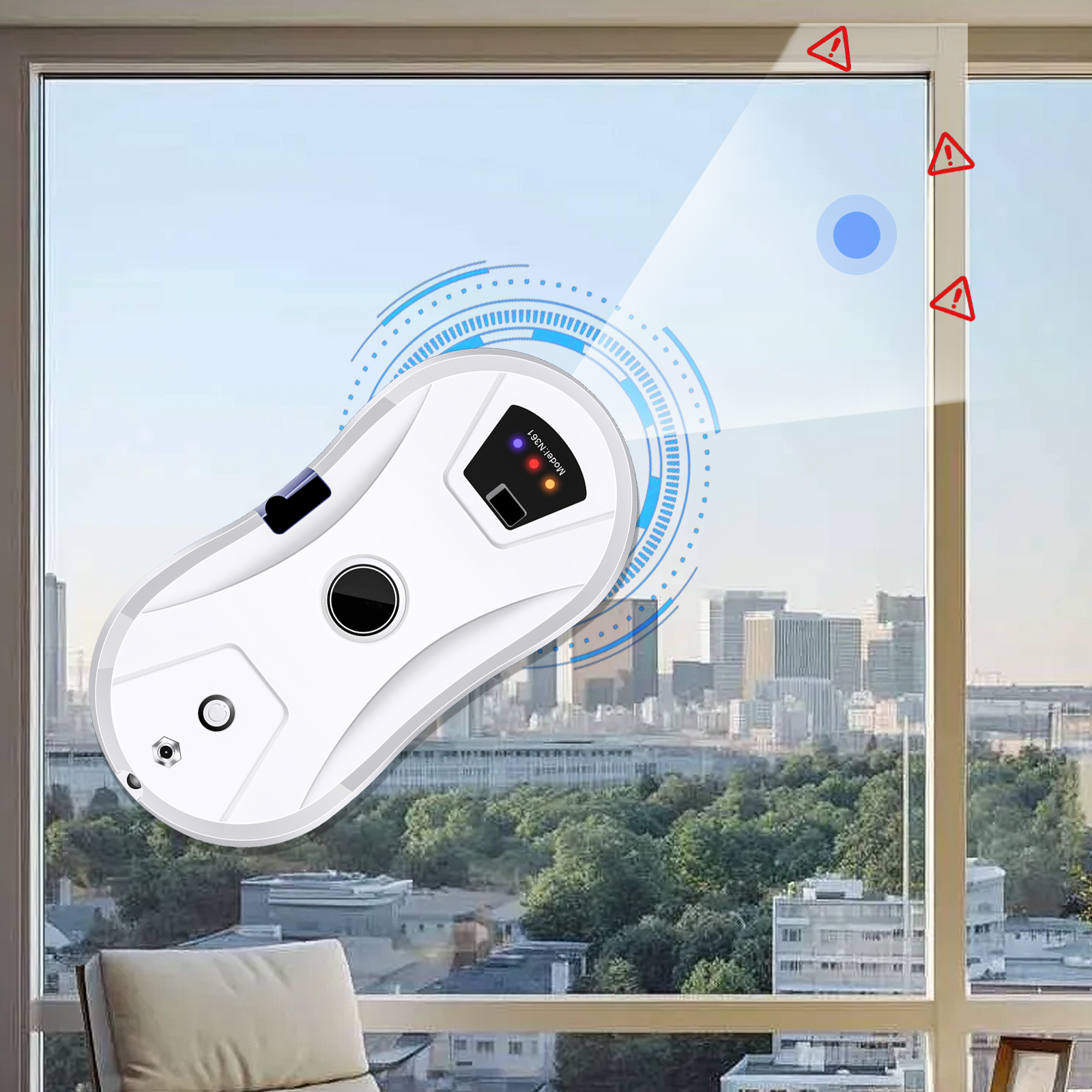 Valisus Window Cleaning Robot with a cityscape view through a window