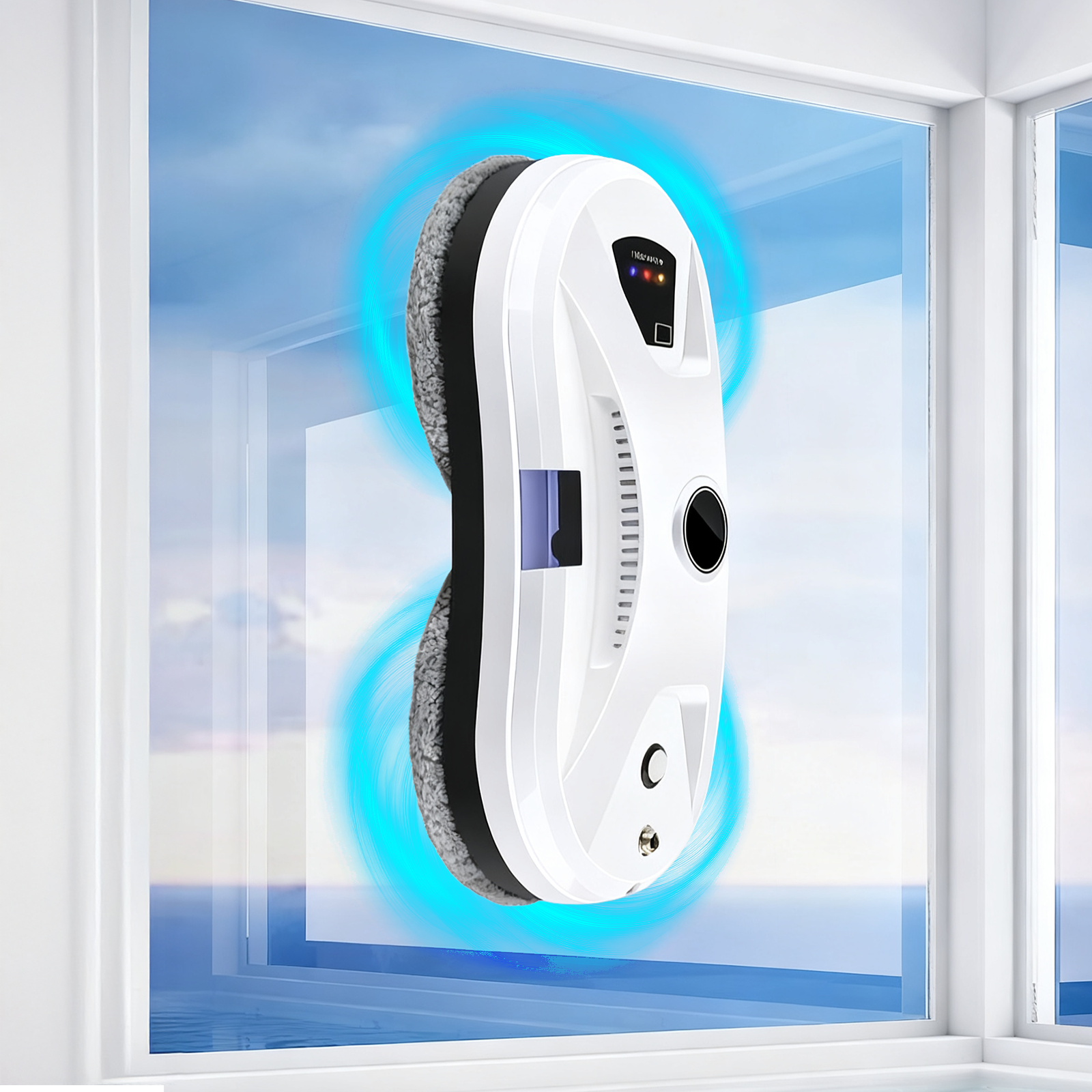 Valisus Window Cleaning Robot with a blue light effect on a window