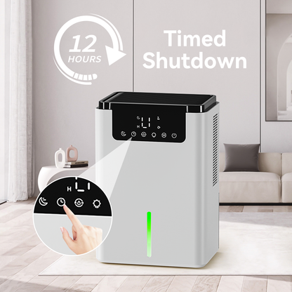 Vantiro Intelligent Dehumidifier D2 with timed shutdown feature in a living room setting