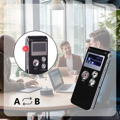 Vantiro Digital Voice Recorderwith screen and buttons in a blurred office setting with people and laptops.