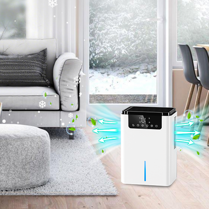 Vantiro Intelligent Dehumidifier D2 in a living room with snow outside the window