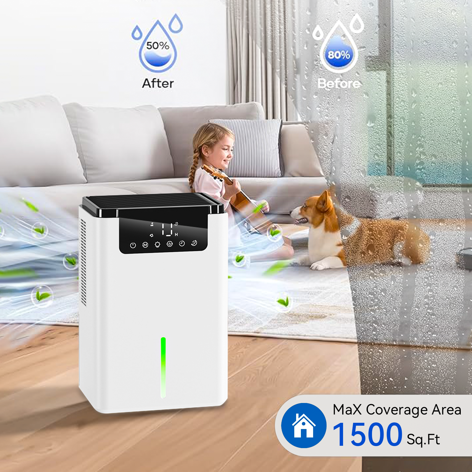 Vantiro Intelligent Dehumidifier D2 in a living room with a child and dog, showing before and after moisture levels.