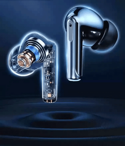 Close-up of Vantiro Wireless Earbuds with a clear casing on a dark background