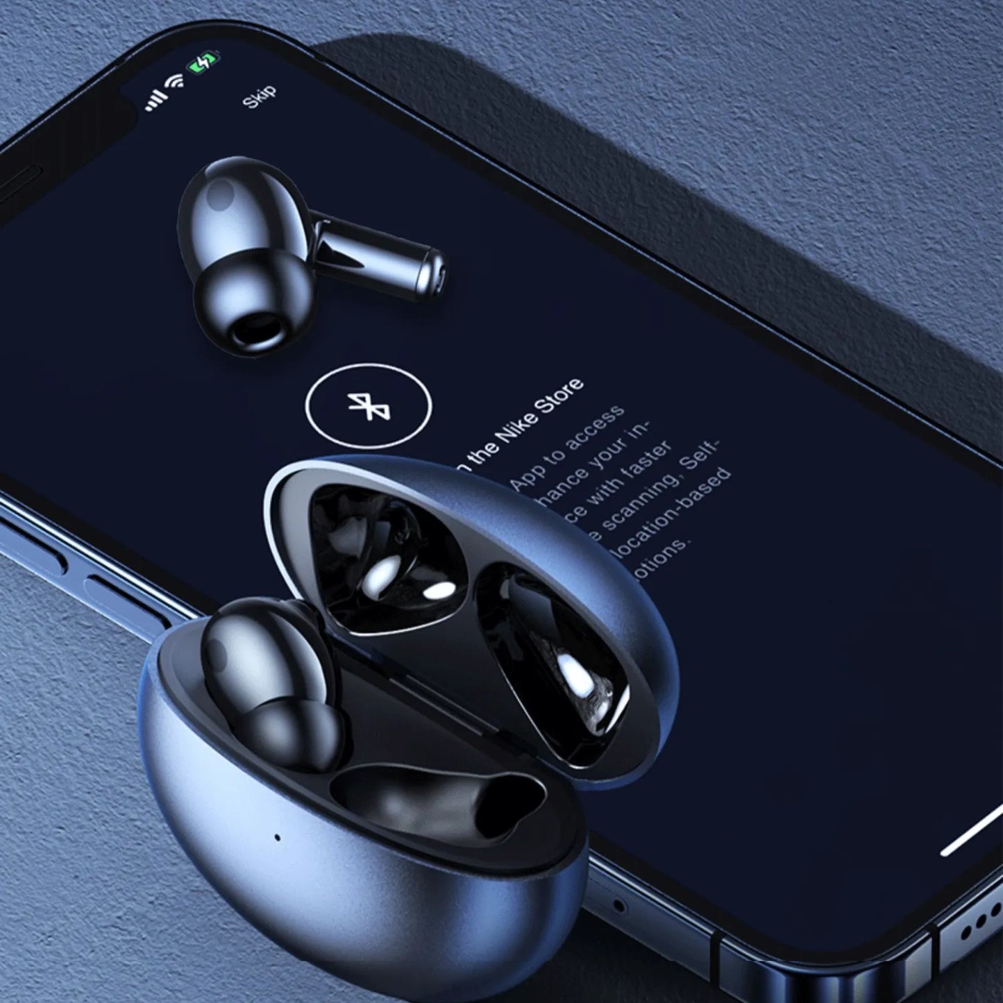 Vantiro Earbuds in charging case with smartphone displaying Bluetooth connection screen on a blue background