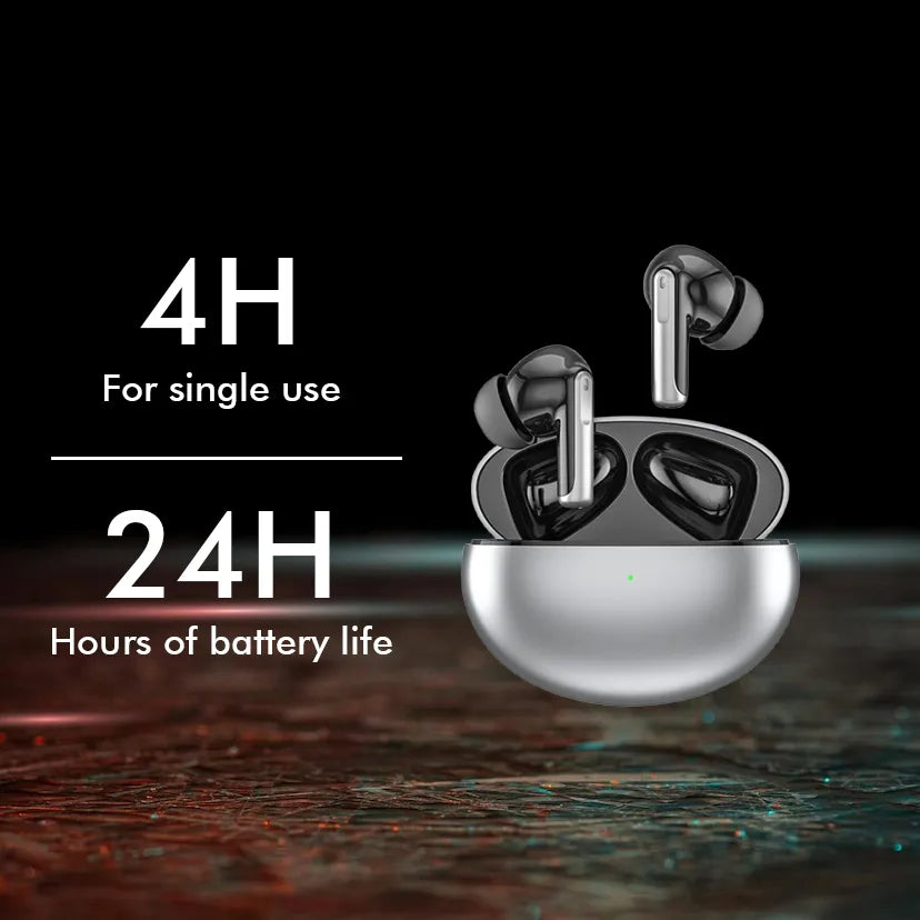 Vantiro Wireless Earbuds with charging case on a dark background, displaying battery life information.
