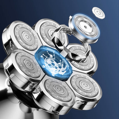 Silver and blue Vassco 6 in 1 Shaving Kit For Men with circular components on a dark background