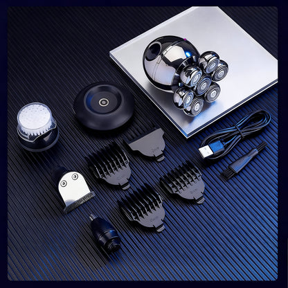 Collection of Vassco 6 in 1 Shaving Kit For Men including a hair clipper, combs, and attachments on a dark textured surface.