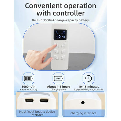 Vassco GlowPro LED Mask packaging with text about convenient operation, battery capacity, charging time, and usage duration.