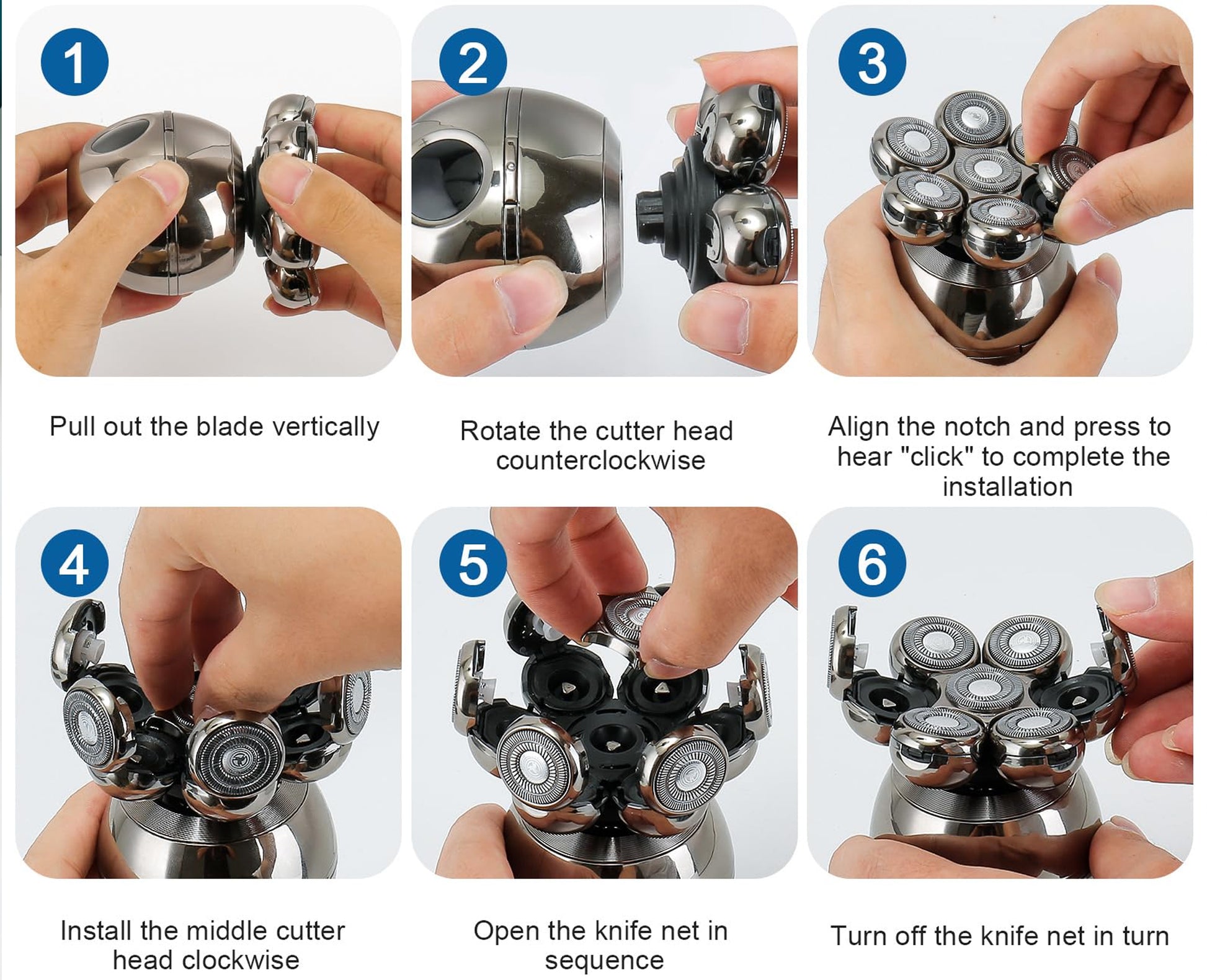 Step-by-step guide on how to use a vassco shaver with images of hands performing each step.