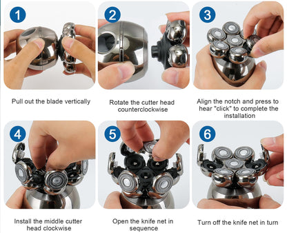 Step-by-step guide on how to use a vassco shaver with images of hands performing each step.