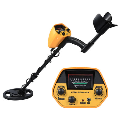 Yellow Venloria Metal Detector with black handle on a white background